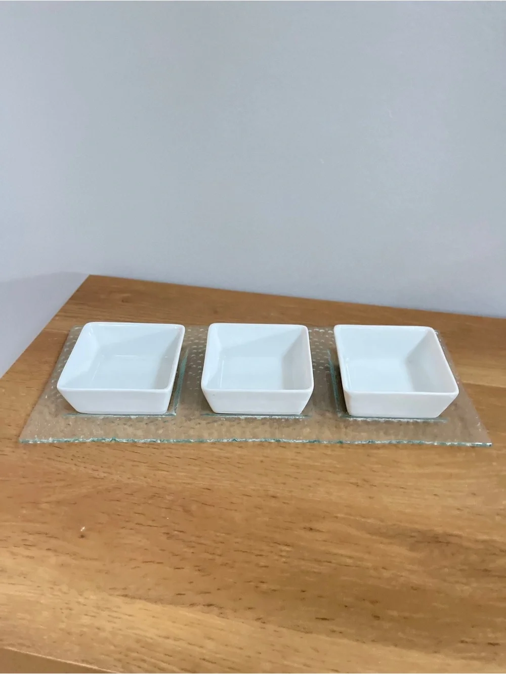 Pier One Tasting Party Set Triple White Ceramic Dipping Bowls on Glass Tray